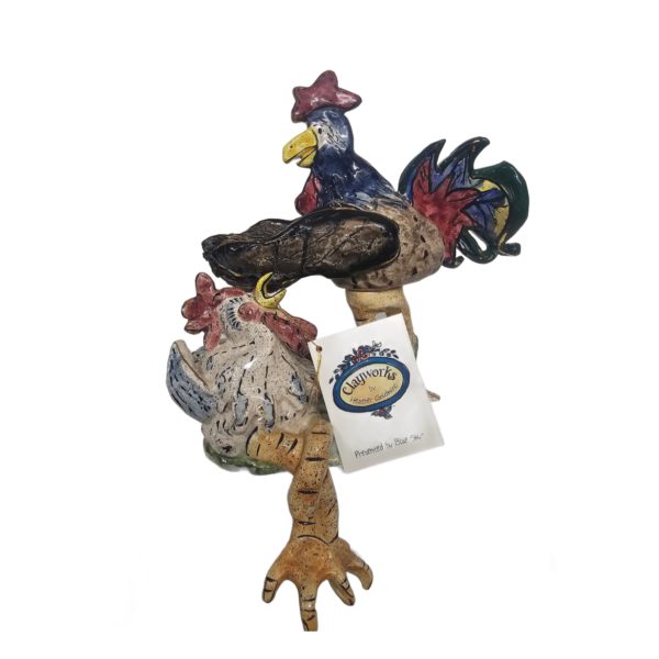 2000 Blue Sky Clayworks Heather Goldminc Rooster Hen Tea Light Candle Holder Shelf Sitter