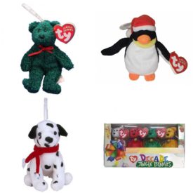 Assorted Ty Beanie Baby 4 Pack Bundle: Ty Jingle Beanies: 2001 Holiday Teddy the Bear  TY Jingle Beanie Baby - ZERO the Penguin 4 inch TY Jingle Beanie Baby - DIZZY the Dog 4.5 inch TY Jingle Beanie Babies - Set of 4 DECADE Bears Complete Boxed Set