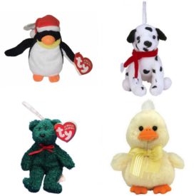 Assorted Ty Beanie Baby 4 Pack Bundle: TY Jingle Beanie Baby - ZERO the Penguin 4 inch TY Jingle Beanie Baby - DIZZY the Dog 4.5 inch Ty Jingle Beanies: 2001 Holiday Teddy the Bear  Ty Basket Beanie: Sunlight The Chick 4 Inch