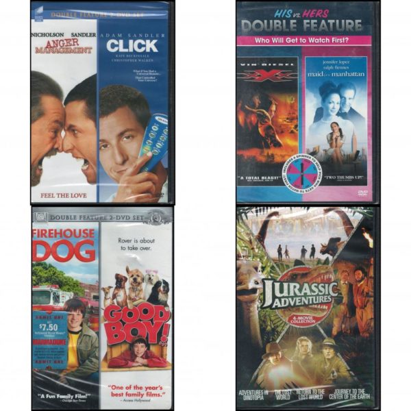 DVD Assorted Multi-Feature Movies 4 Pack Fun Gift Bundle: Anger Management, CLICK: Double Feature  His vs. Hers, XXX/ Maid in Manhattan: Double Feature  Firehouse Dog/Good Boy  Jurassic Adventures: 4 Feature Collection