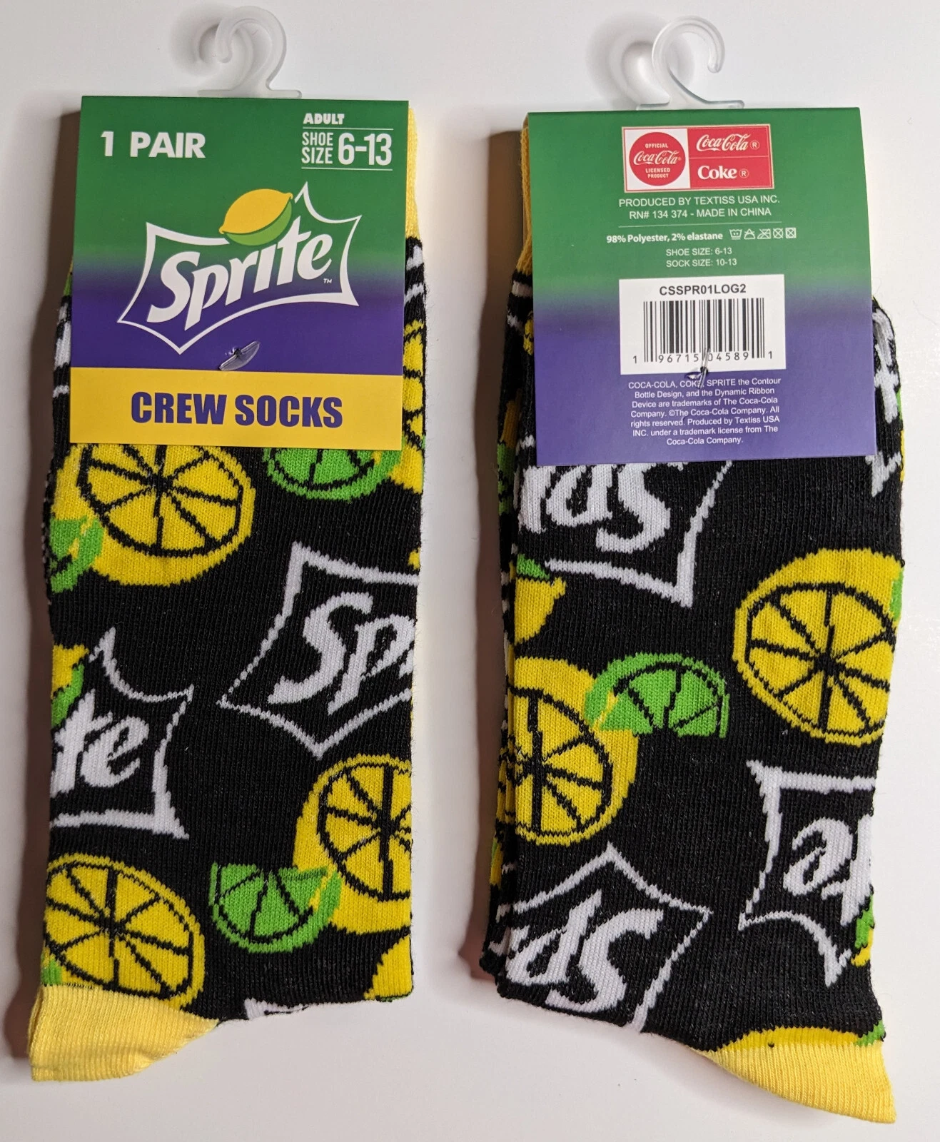 Sprite Lemon Lime Soda Adult Unisex Novelty Crew Socks Size 6-13