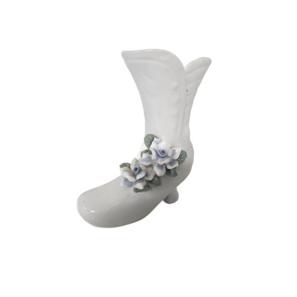 Vintage White Porcelain Boot Applied Blue White Flowers 4.5 Inch