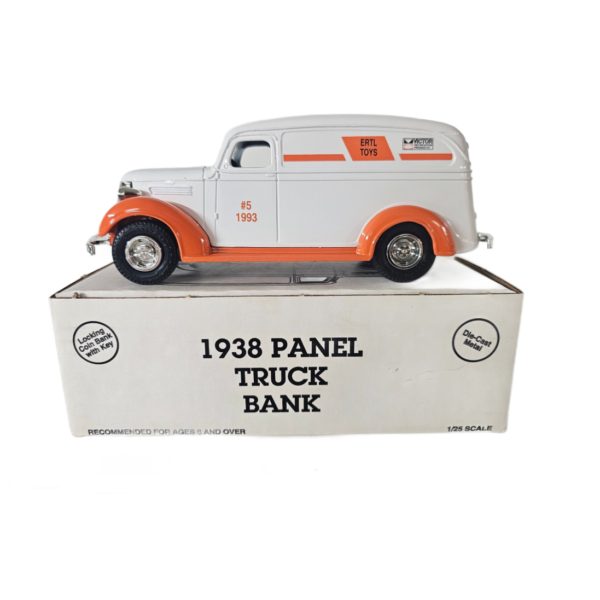 Vintage 1993 ERTL Toys 1938 Chevy Panel Truck Die-cast Bank 1:25 Scale (White/Orange)